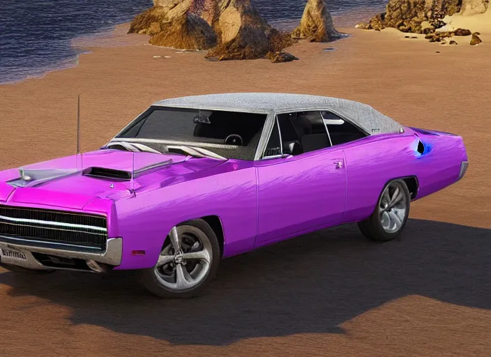 Image similar to hyperrealism, detailed textures, photorealistic 3 d render, a dreamy beach in cuba, a 1 9 7 0 hemi charger with plum crazy purple colour scheme, sharp focus, ultra realistic, ultra high pixel detail, cinematic, intricate, cinematic light, concept art, illustration, art station, unreal engine 8 k