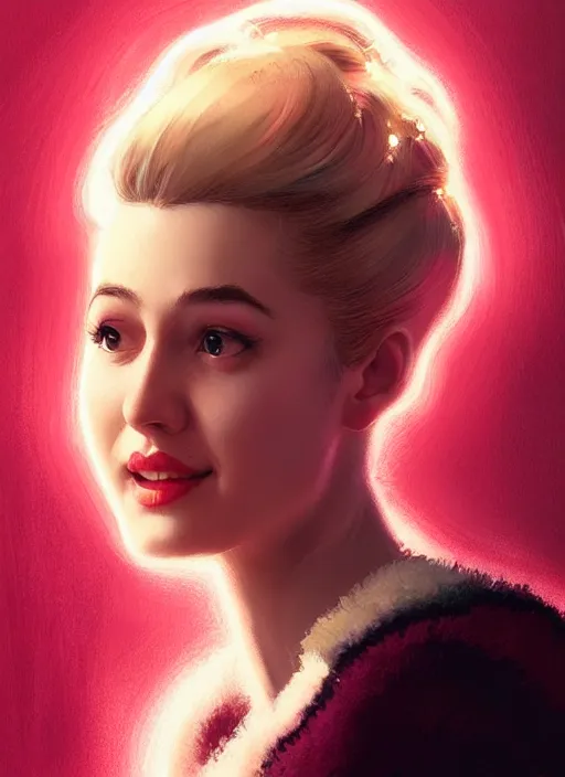 Image similar to portrait of betty cooper with fluffy bangs, bangs, 1 9 6 0 s, ponytail, curly bangs and ponytail, rounder face, intricate, elegant, glowing lights, highly detailed, digital painting, artstation, concept art, smooth, sharp focus, illustration, art by wlop, mars ravelo and greg rutkowski