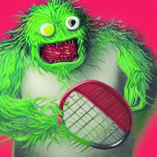 Image similar to a tennis ball monster , water, tennis ball, dark, chalky, digital art, fantasy, magic, trending on artstation, ultra detailed, professional illustration by Basil Gogos