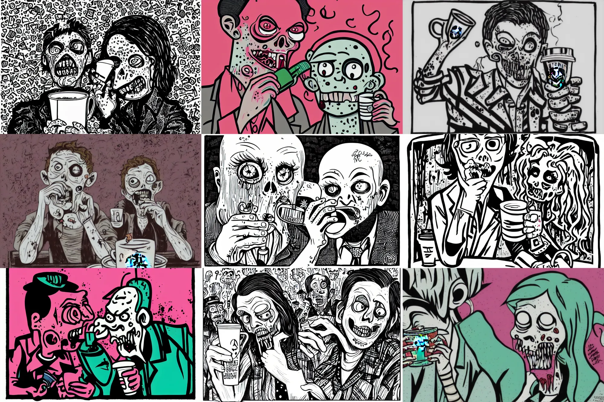 Prompt: zombie drinking starbucks coffee, upset the coffee does not work , portrait by mcbess, pink and blue