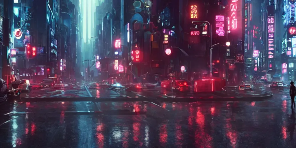 Image similar to a film still from Love, Death and Robots, wide angle lens, sharp, dramatic lighting, futuristic city street level, rain
