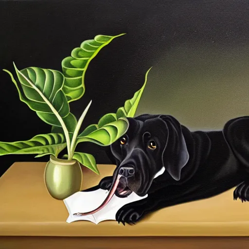 Prompt: oil painting of a black dog bearing its fangs next to white brugmansia suavolens flowers, with a dark background