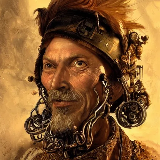 Image similar to portrait, headshot, insanely nice hair style, digital painting, of a old 17th century, old cyborg merchant, amber jewels, baroque, ornate clothing, scifi, realistic, hyperdetailed, chiaroscuro, concept art, art by Franz Hals and Jon Foster and Ayami Kojima and Amano and Karol Bak,