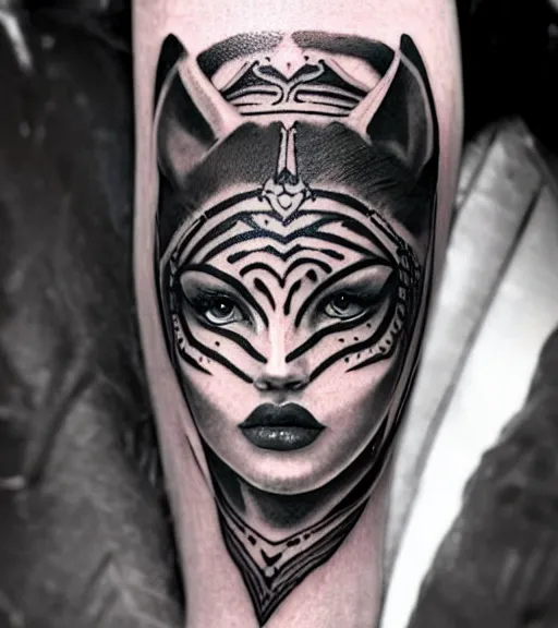 Image similar to tattoo design of a beautiful girl warrior under a tiger head, hyper realistic, realism tattoo, by eliot kohek, beautiful eyes, realistic face, black and white, white background