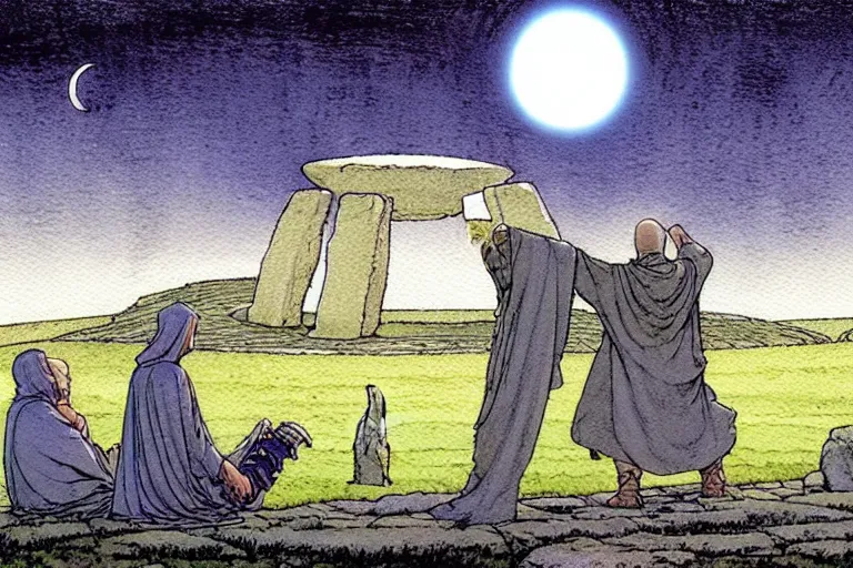 Image similar to a realistic and atmospheric watercolour fantasy concept art of a metallic ufo landing in a large stonehenge. medieval monk in grey robes on his knees praying. a crescent moon in the sky. muted colors. by rebecca guay, michael kaluta, charles vess and jean moebius giraud