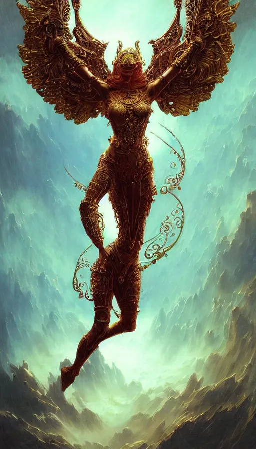 Image similar to ascending dark full body redhead goddess angel, lupe fuentes, intricate armor, highly detailed, glowing, action pose, cinematic, art deco, gold filigree, ethereal, alfonso mucha, zdzisław beksinski, andrei ryabovichev, shaun tan, chriss foss, peter mohrbacher, 4 k