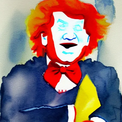 Image similar to donald trump as sad ronald mcdonald holding paper bag, watercolor, vignette