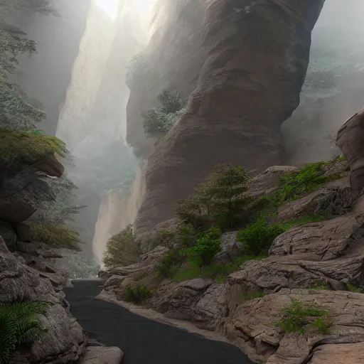 Image similar to pathway canyon in between mountains, mist, dark, unreal engine, high detail, realism, award winning, detailed lighting