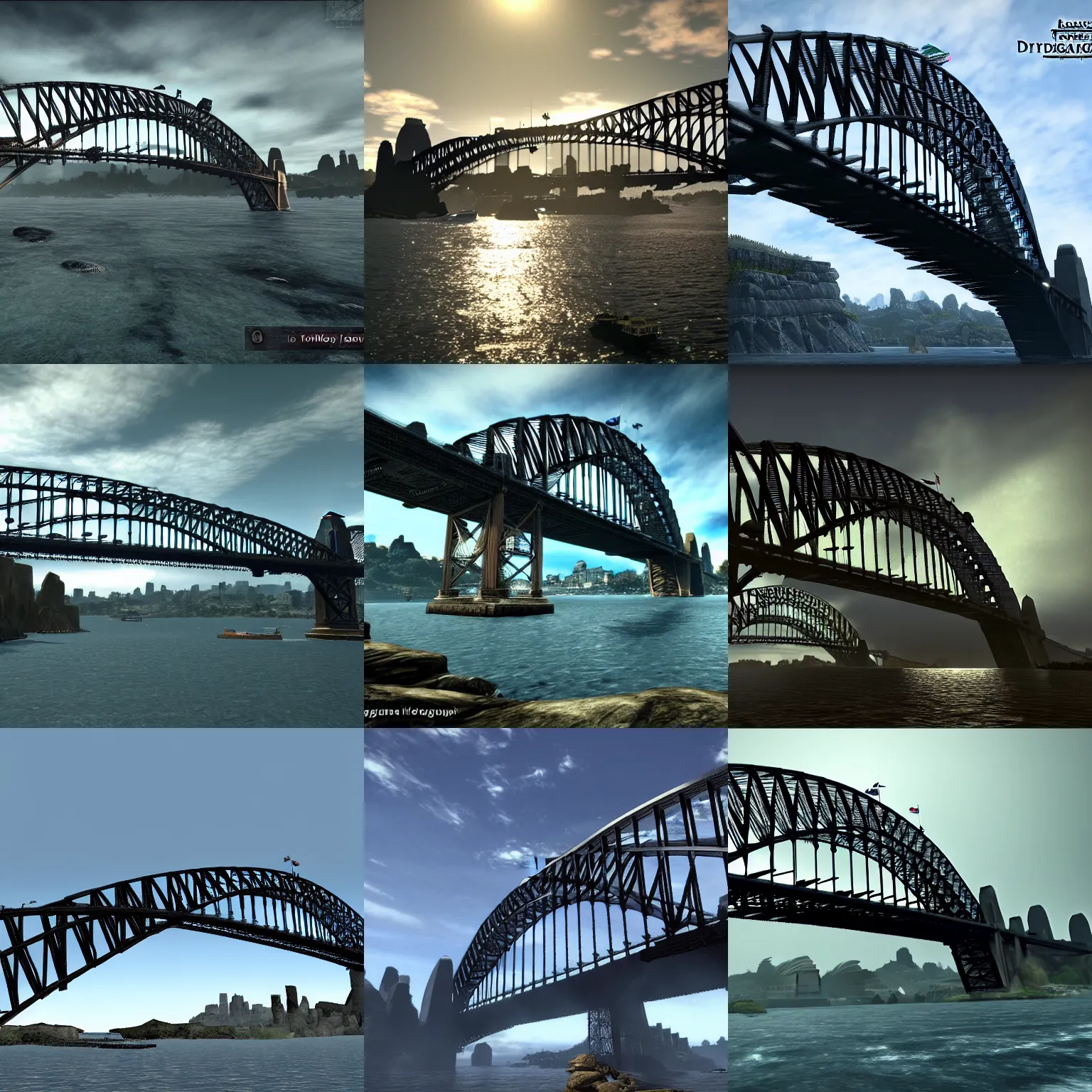Prompt: Sydney Harbour Bridge in Skyrim Video game, landscape photography