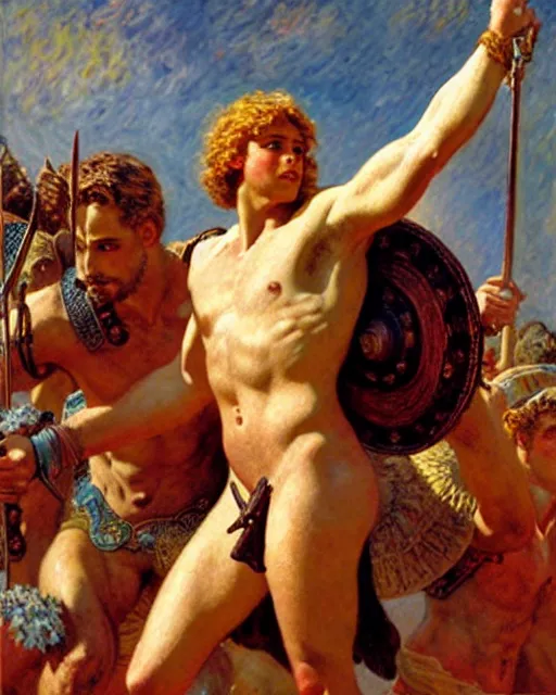 Image similar to heroic alexander the great stands upon the mighty and fallen achilles, he is victorious and gleeful, painting by tom of finland, gaston bussiere, craig mullins, j. c. leyendecker, claude monet