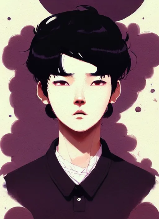 Image similar to highly detailed closeup portrait of cool black hair short, cinnamon skin teen, korean, black suit by atey ghailan, by greg rutkowski, by greg tocchini, by james gilleard, by joe fenton, by kaethe butcher, gradient dark purple, black and white color scheme, grunge aesthetic!!! ( ( graffiti tag wall background ) )