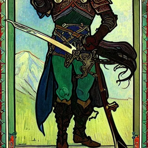 Prompt: painting of elf paladin with long dark hair fighting goblins with his sword, wearing armor, modest, art by alphonse mucha, vincent van gogh, egon schiele,