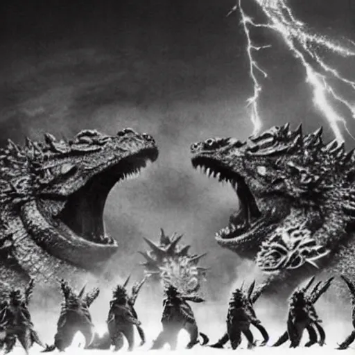 Image similar to army of godzilla on stage