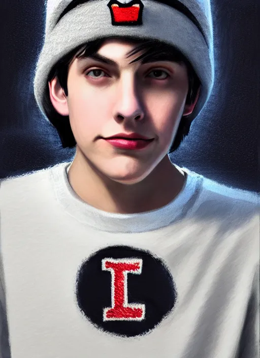 Image similar to portrait of teenage jughead jones wearing a light grey crown, photorealistic, crown, eyes closed, crown, black hair, sweater with letter s on it, letter s, intricate, elegant, glowing lights, highly detailed, digital painting, artstation, concept art, smooth, sharp focus, illustration, art by wlop, mars ravelo and greg rutkowski