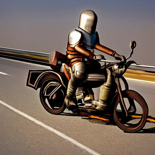 Image similar to very high quality picture of a knight riding on a motercycle, highway, wheelie, fast