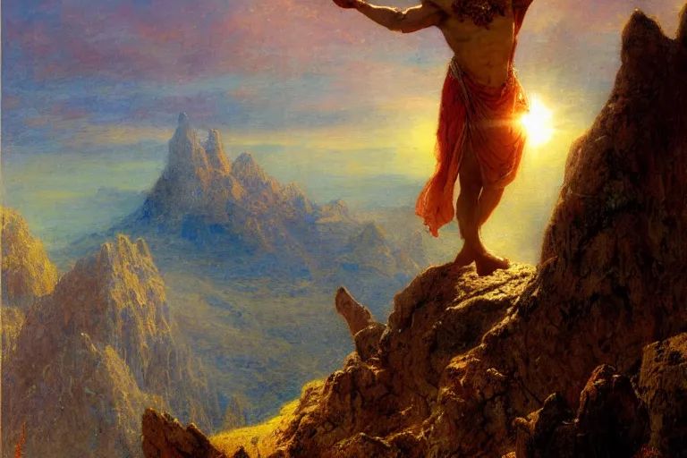 Image similar to illustration of a mythical hero standing at the top of a mountain lifting the sun over his head, holding it up to shine over the world. art by gaston bussiere.