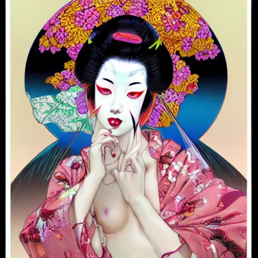 Image similar to colorful illustration of geisha, by hajime sorayama and james jean and junji ito