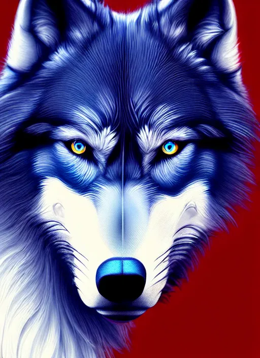 Prompt: dark blue wolf, red eyes highly detailed, deep focus, elegant, digital painting, smooth, sharp focus, illustration, ultra realistic, 8 k, art by wlop