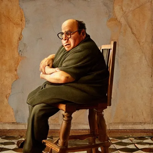 Prompt: renaissance painting of danny devito sitting on a stool, historical, artwork, oil painting, fresco painting, tempera painting