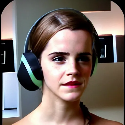 Prompt: emma watson wearing a gaming headset photo