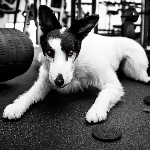 Prompt: black and white fox terrier with extreme muscles, chewing on a car tire, inside a gym, 50mm photography with flash