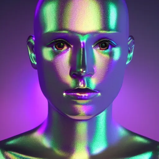 Image similar to 3d render of holographic human robotic head made of glossy iridescent, surrealistic 3d illustration of a human face non-binary, non binary model, 3d model human, cryengine, made of holographic texture, holographic material, holographic rainbow, concept of cyborg and artificial intelligence