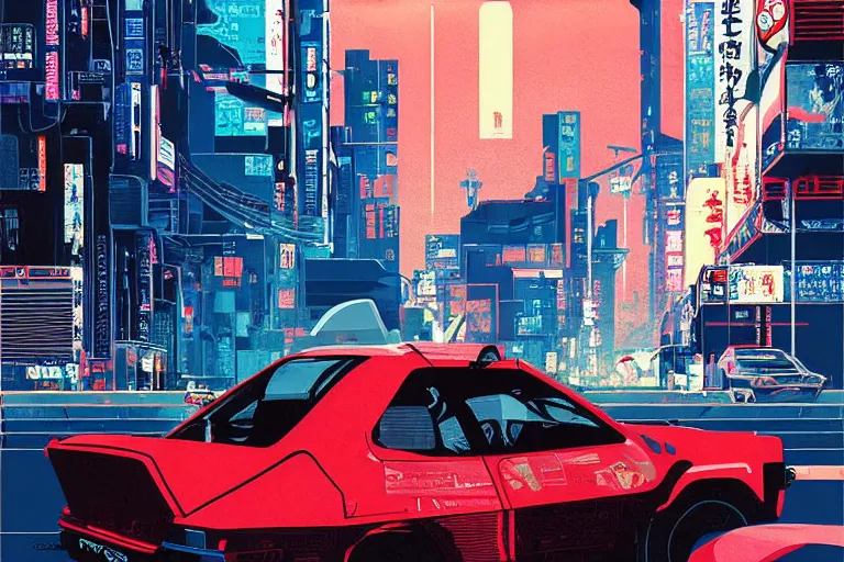 Image similar to Poster Illustration of Geo Metro, neo-Tokyo, Akira Color Palette, Inspired by Akira + MGS2 + FLCL, 8k :4 by Vincent Di Fate + Arc System works + Katsuhiro Otomo 1975 Citroen DM BMW M1 Stratos, city in anime cyberpunk style by Hayao Miyazaki