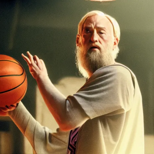 Prompt: dumbledore playing basketball, film still, cinematic lighting