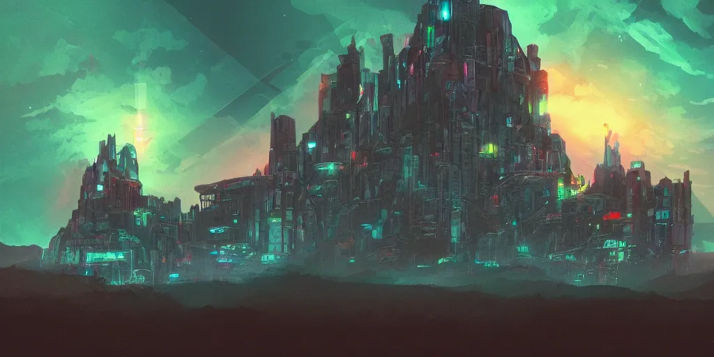 Image similar to stone castle in the style of cyberpunk and a glow ontop of a mountain, space sky, anime illustration,