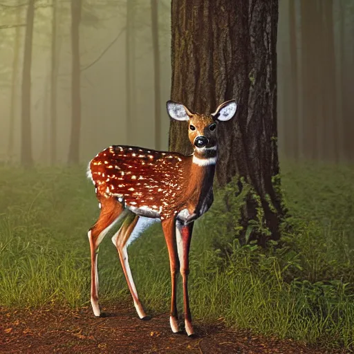 Image similar to a beautiful spotted deer in the woods lit by the morning sky, sunrise, chital, photorealistic, by annie leibovitz and steve mccurry, natural light, canon eos c 3 0 0, ƒ 1. 8, 3 5 mm, 8 k, medium - format print