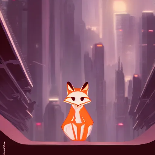 Image similar to an anthropomorphic fox with a fluffy tail staring over a futuristic city from the top of a roof, comic art, trending on furaffinity, cyberpunk, backlighting, cartoon