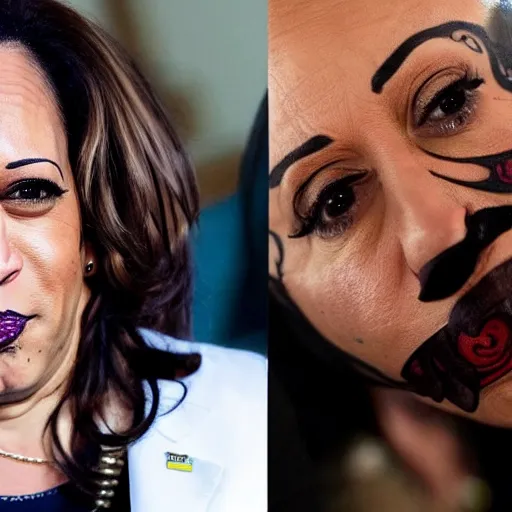 Image similar to kamala harris dressed up in hardcore gangbanger cosplay with face tattoos