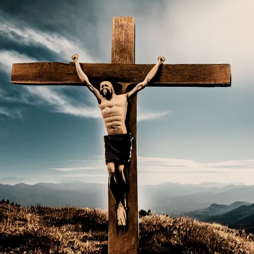 Prompt: white man with grey hoodie crucified on mountainside