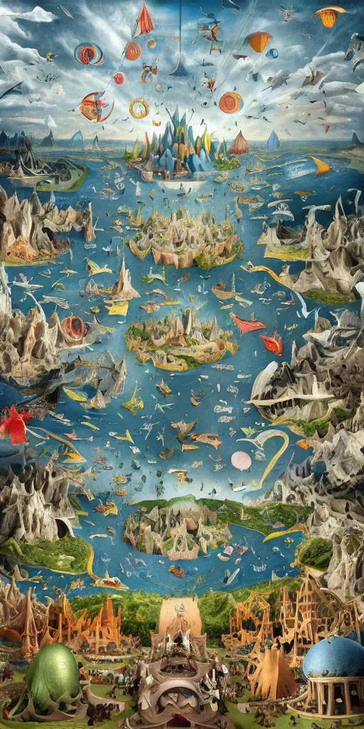 Prompt: a beautiful and insanely detailed matte painting of magical giant colored kites with incredible surreal architecture designed by Heironymous Bosch, mega structures inspired by Heironymous Bosch's Garden of Earthly Delights, creatures of the air and sea inspired by Heironymous Bosch's Garden of Earthly Delights, ships in the harbor inspired by Heironymous Bosch's Garden of Earthly Delights, vast surreal landscape and horizon by Jim Burns, rich pastel color palette, masterpiece!!, grand!, imaginative!!!, whimsical!!, epic scale, intricate details, sense of awe, elite, fantasy realism, complex layered composition!!