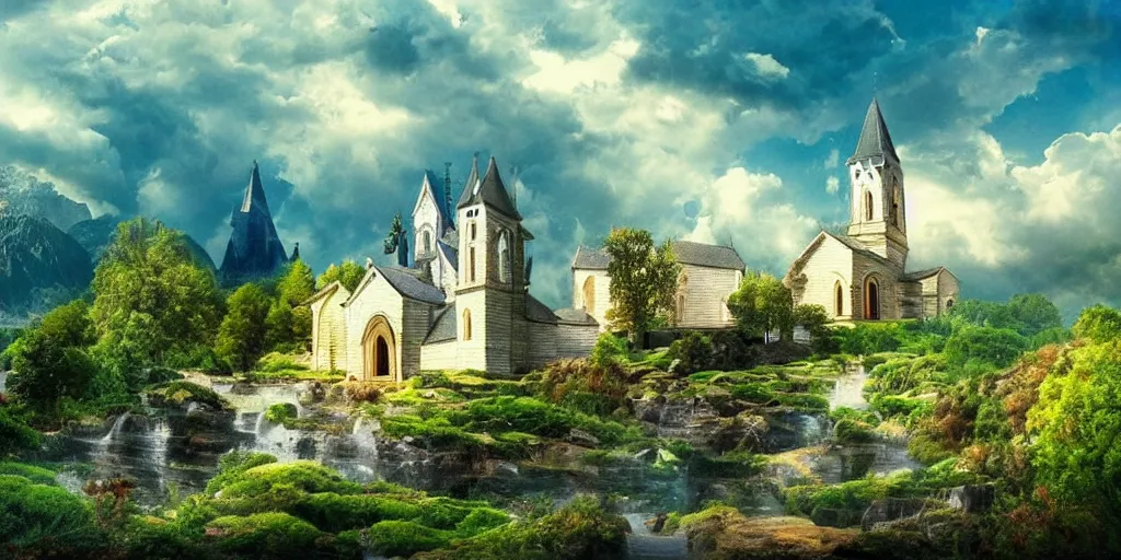 Prompt: a photo of a dream world. it is a beautiful landscape. the detail is amazing. simply stunning. jesus, church, perfect faces