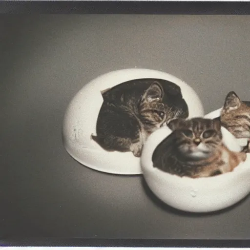 Prompt: polaroid image of cats hatching from eggs