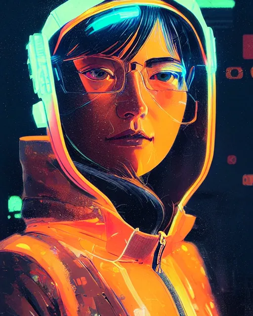 Prompt: detailed portrait Neon Operator Girl, cyberpunk futuristic neon, orange reflective puffy coat, decorated with traditional Japanese ornaments by Ismail inceoglu dragan bibin hans thoma greg rutkowski Alexandros Pyromallis Nekro Rene Maritte Illustrated, Perfect face, fine details, realistic shaded, fine-face, pretty face