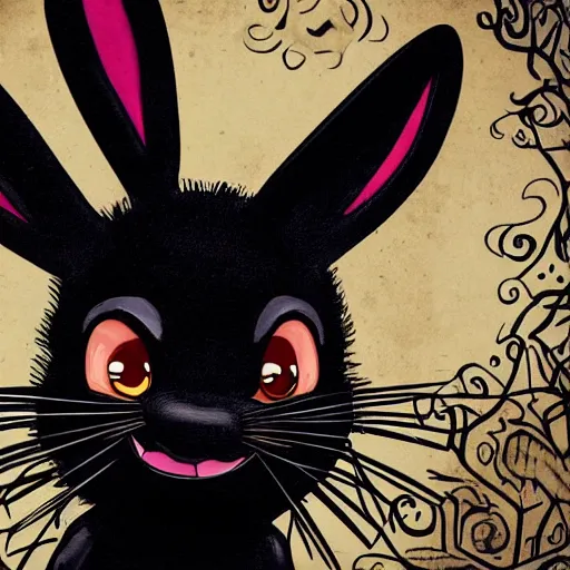 Image similar to A extremely highly detailed majestic hi-res beautiful, highly detailed head and shoulders portrait of a scary terrifying, horrifying, creepy black cartoon rabbit with scary big eyes, earing a shirt laughing maniacally , let's be friends, in the style of a Walt Disney cartoon