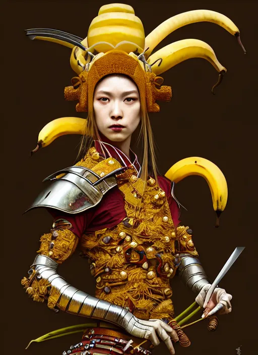 Image similar to a anthropomorphic banana wearing samurai armor, diffuse lighting, fantasy, intricate, elegant, highly detailed, lifelike, photorealistic, digital painting, artstation, illustration, concept art, smooth, sharp focus, art by john collier and albert aublet and krenz cushart and artem demura and alphonse mucha