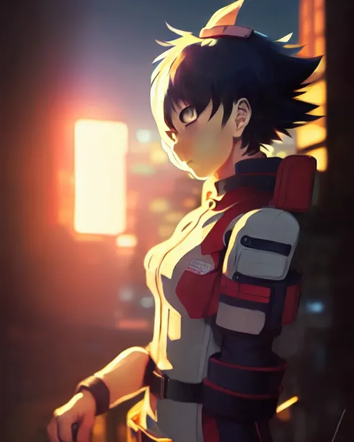 Image similar to portrait of anime girl in mechanic armor in night tokyo by makoto sinkai, my hero academia,greg rutkowski, perfect face, fine details