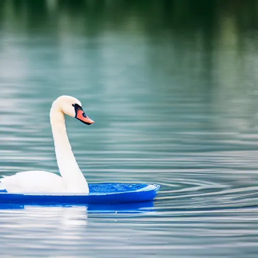 Prompt: a photo of a swan pulling a container and swimming in a blue lake, canon eos r 3, f / 1. 4, iso 2 0 0, 1 / 1 6 0 s, 8 k, raw, unedited, symmetrical balance