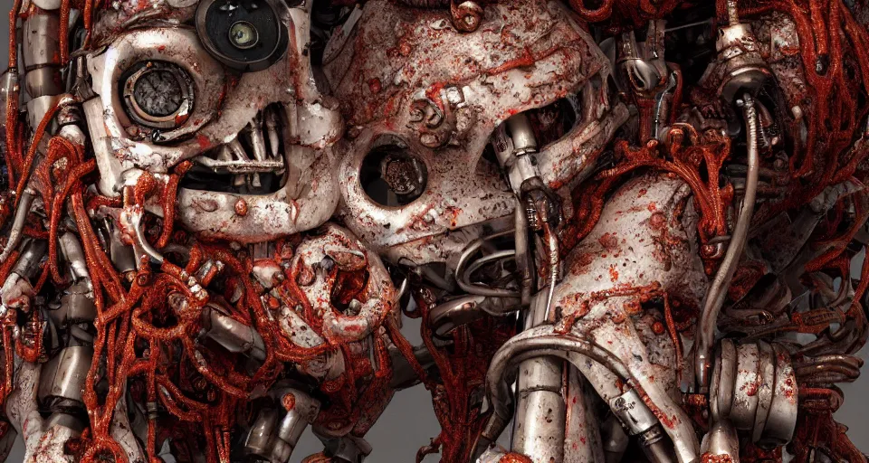 Image similar to Techno-biological rusty robot geisha consisting of tumors, veins, bones, kidneys, wires. Biopunk, body-horror, high detail, photorealism, full length view, very rust, concept art, octane render, 16k, 8k