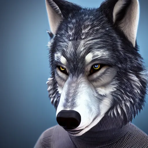 Image similar to portrait of a wolf dressed in a sweatshirt, artstation, animatronic,8K,