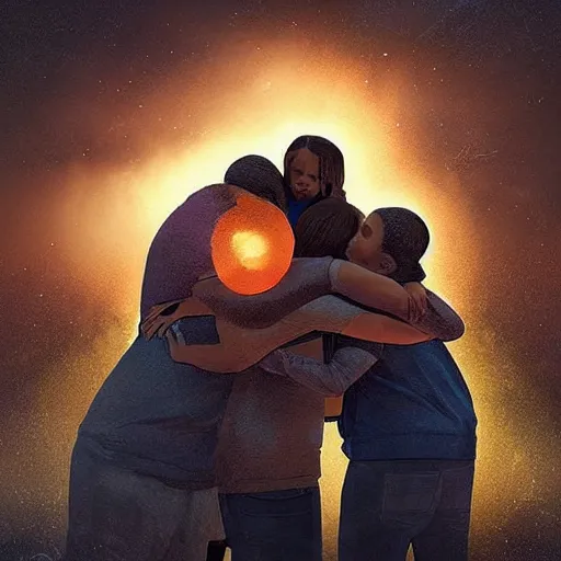 Image similar to “A family hugging each other for the last time as the world is ending, meteors are falling from the sky, everything is on fire, dramatic lighting, digital art, very very very very very very beautiful, 8K, dark lighting, trending on Artstation, award winning”