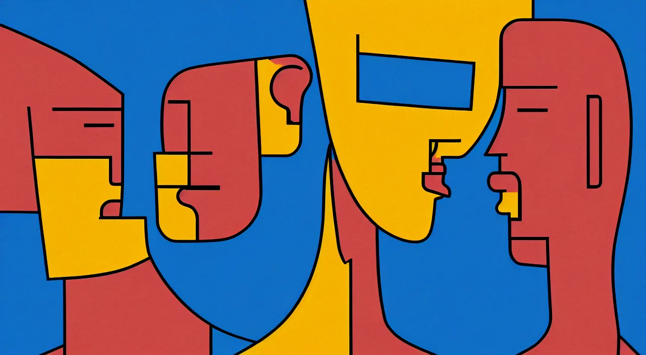 Prompt: a digital painting depicting a two ai android facing each other while their eyes are closed, cubism
