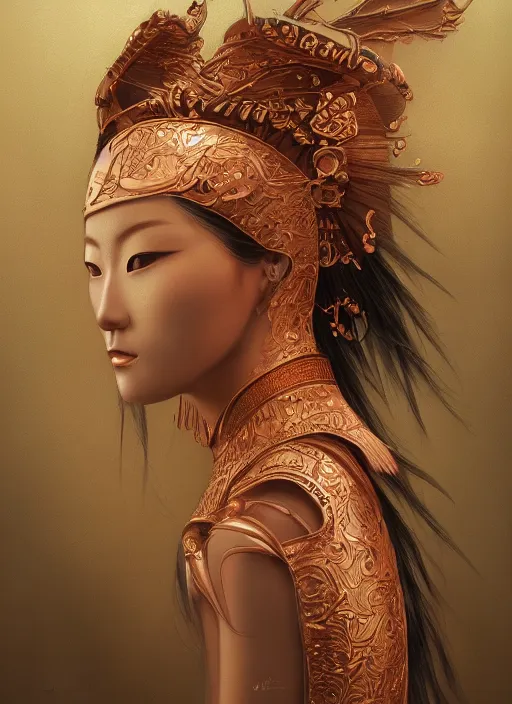 Prompt: a beautiful detailed oil on copper art illustration of a japanese namanari mask woman, centered, by charlie bowater, zeng fanzh, trending on artstation, dim dusk lighting, cinematic lighting, detailed lighting, volumetric lighting, realistic, f 8, 4 k hd wallpaper