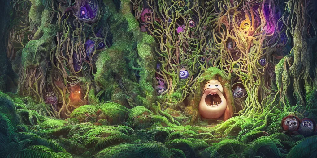 Image similar to of an intricate forest with strange cute friendly happy creatures with huge eyes, mouth, long tongue, round teeth and goofy face, appearing from the background, in the style of gehry and gaudi, macro lens, shallow depth of field, ultra detailed, digital painting, trending artstation, concept art, illustration, cinematic lighting, photorealism, epic, octane render