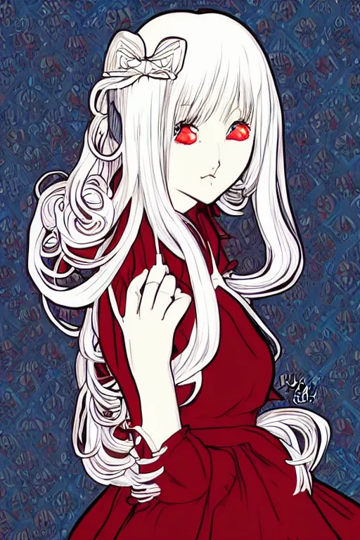 Image similar to Anime girl with chin length white hair, wearing red gothic lolita clothing, trending on Instagram, digital drawing, colored manga panel, art by Alphonse Mucha