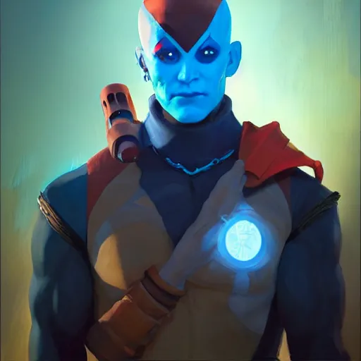 Image similar to greg manchess portrait painting of yondu udonta as overwatch character, medium shot, asymmetrical, profile picture, organic painting, sunny day, matte painting, bold shapes, hard edges, street art, trending on artstation, by huang guangjian and gil elvgren and sachin teng