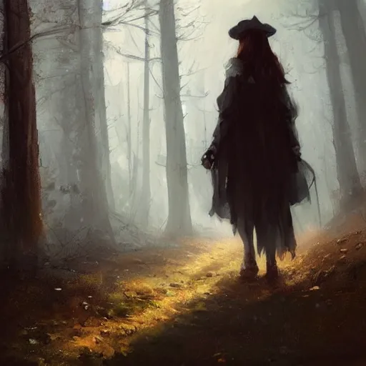 Image similar to a pilgrim witch walking through the woods, painted by raymond swanland, painted by greg rutkowski, painted by jeremy mann, painted by igor kieryluk, trending on artstation